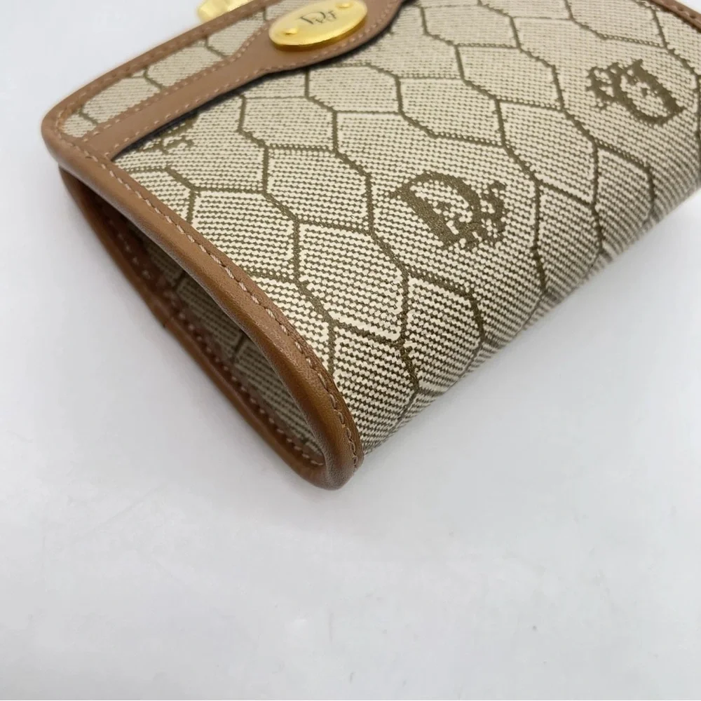 Auth Christian Dior Honeycomb PVC x Leather Beige Clasp Coin Case W/Box